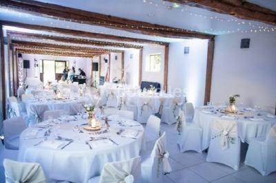 Paysage champêtre avec pelouse verdoyante, arbres en arrière-plan et buissons fleuris sous un ciel bleu dégagé.