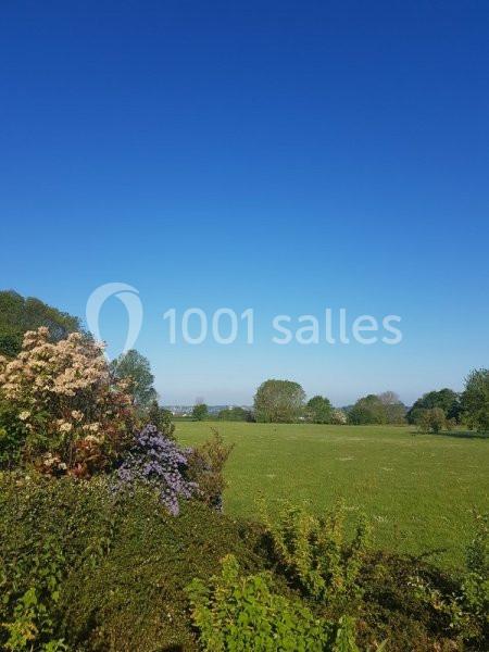 Paysage champêtre avec pelouse verdoyante, arbres en arrière-plan et buissons fleuris sous un ciel bleu dégagé.