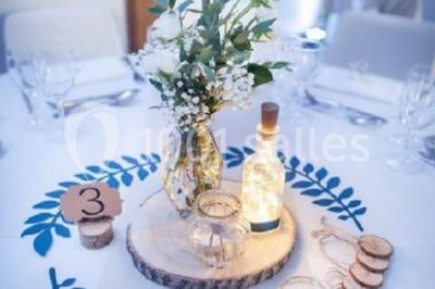 Paysage champêtre avec pelouse verdoyante, arbres en arrière-plan et buissons fleuris sous un ciel bleu dégagé.