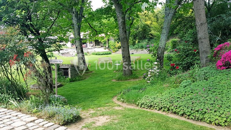 Jardin verdoyant avec pelouse, bancs en bois, arbres et massifs fleuris, sous un ciel dégagé.