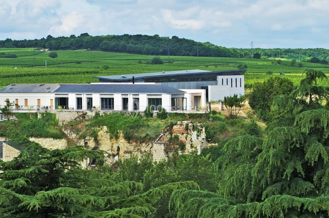 Bâtiment moderne situé sur une colline entourée de vignobles et de végétation dense, sous un ciel partiellement nuageux.