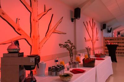 Bassin artificiel entouré de palmiers et de rochers, avec un paysage verdoyant en arrière-plan.