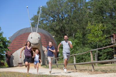 Bassin artificiel entouré de palmiers et de rochers, avec un paysage verdoyant en arrière-plan.