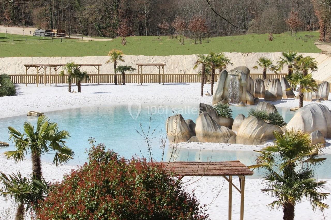 Bassin entouré de sable blanc, palmiers et rochers, avec une végétation et une forêt en arrière-plan.