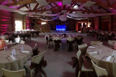 Bassin artificiel entouré de palmiers et de rochers, avec un paysage verdoyant en arrière-plan.