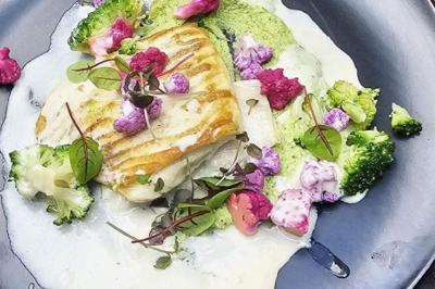Assiette de noix de Saint-Jacques poêlées, accompagnées de légumes, agrumes et herbes fraîches sur un fond flou.