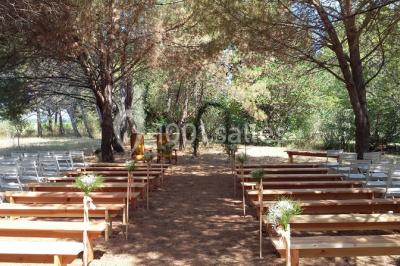 Structure en fer forgé dans un jardin, avec des invités rassemblés en arrière-plan près d'un arbre.