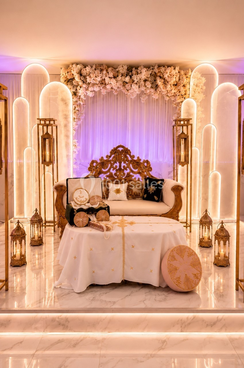 Canapé doré décoré avec des coussins, entouré de lanternes et d'arches lumineuses, sur fond de fleurs blanches.