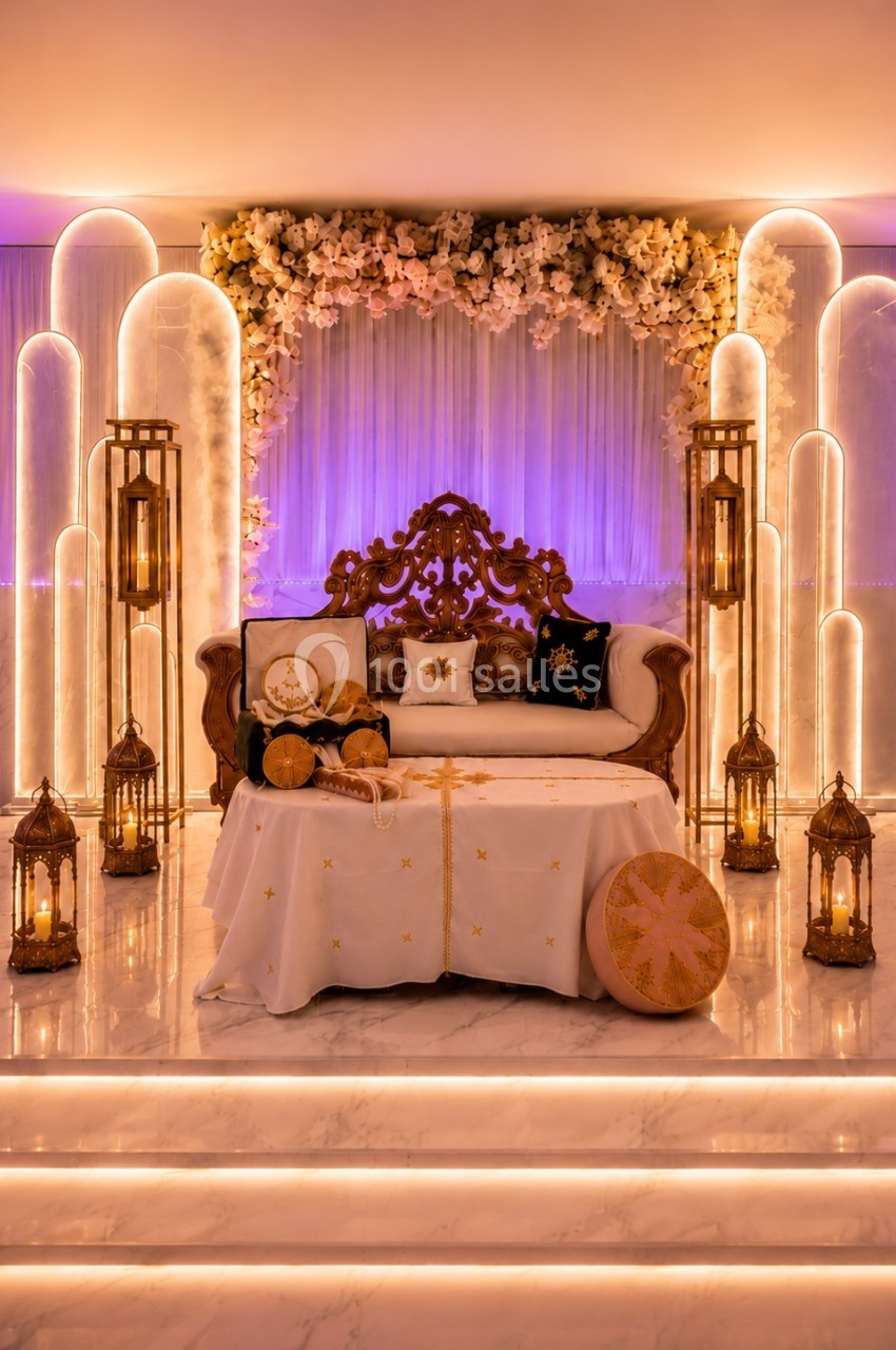 Décor lumineux avec canapé orné, table basse décorée et lanternes dorées, sur fond de fleurs et éclairages doux.