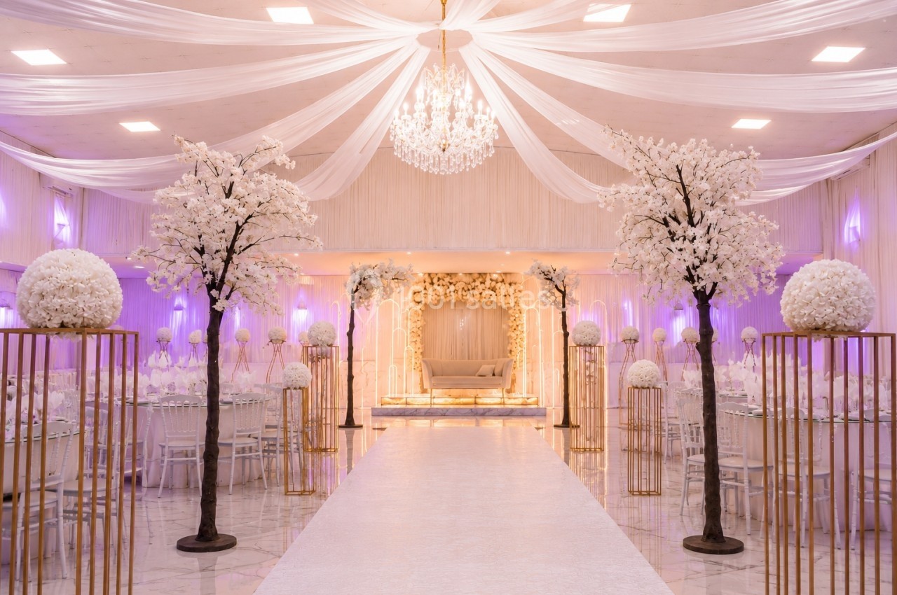 Salle de réception décorée avec des fleurs blanches, un lustre central et une allée menant à une scène ornée.