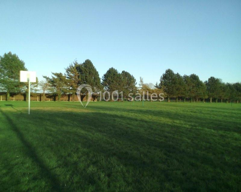 Terrain de sport en plein air avec un panier de basketball, entouré d'arbres et d'une pelouse sous un ciel dégagé.