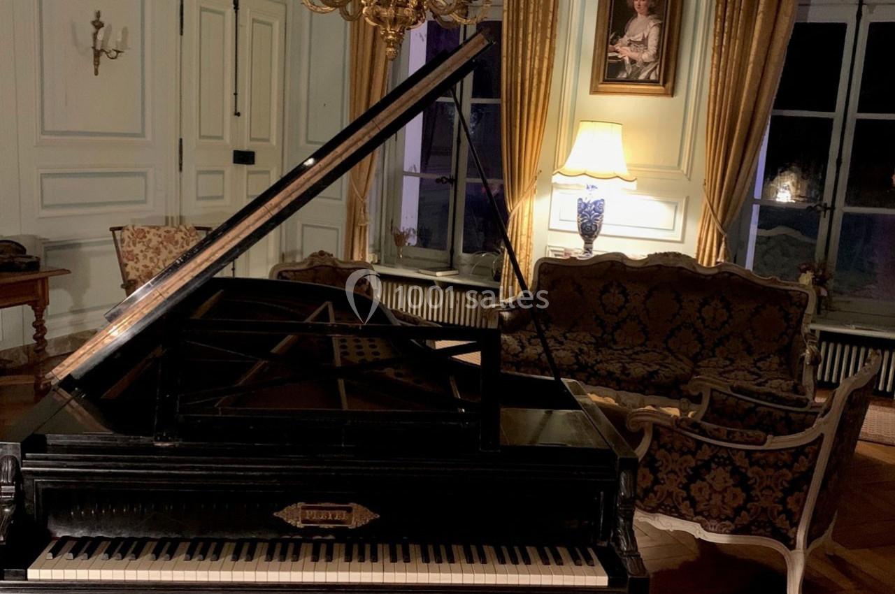 Piano à queue noir dans un salon élégant avec mobilier ancien, rideaux dorés et éclairage tamisé.