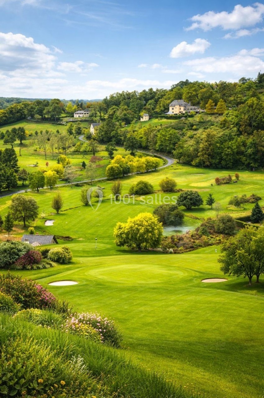 Paysage de golf verdoyant avec collines, arbres, bunkers et quelques maisons en arrière-plan sous un ciel partiellement…