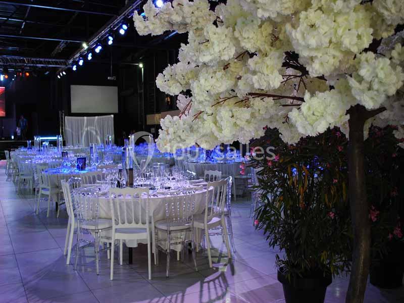 Salle de réception décorée avec des tables rondes dressées, des chaises blanches et des arbres fleuris en arrière-plan.