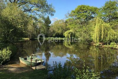 Table en bois dressée avec vaisselle, verres, fruits et fleurs, dans une salle lumineuse au décor chaleureux.