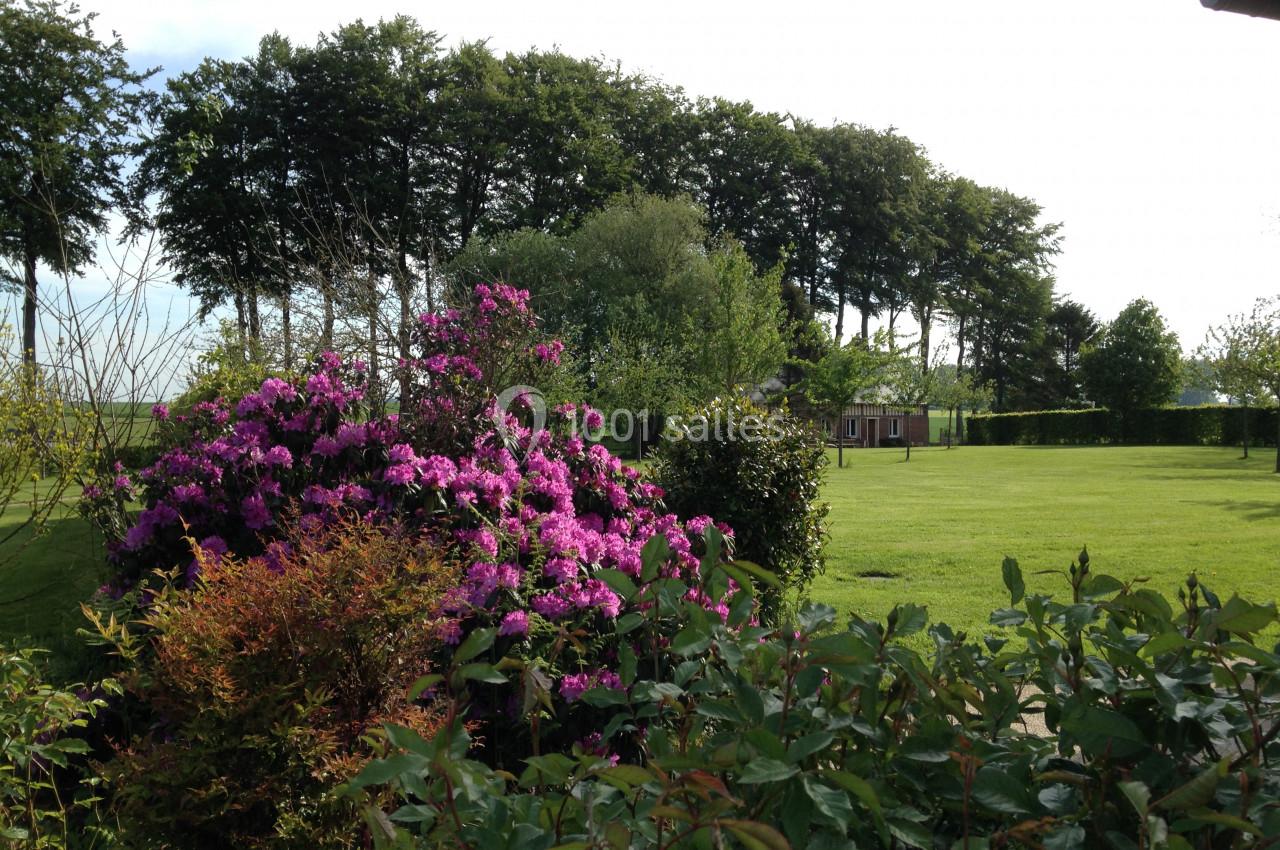 Jardin verdoyant avec des buissons de fleurs violettes au premier plan et des arbres en arrière-plan.