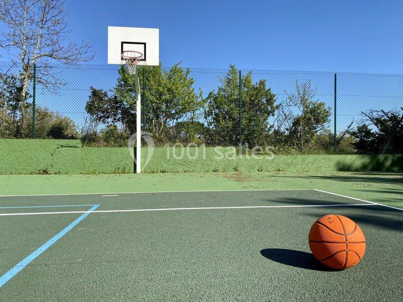 Terrain multisport Terrain de basketball extérieur avec un ballon orange posé au sol près d'un panier, entouré de végétation.