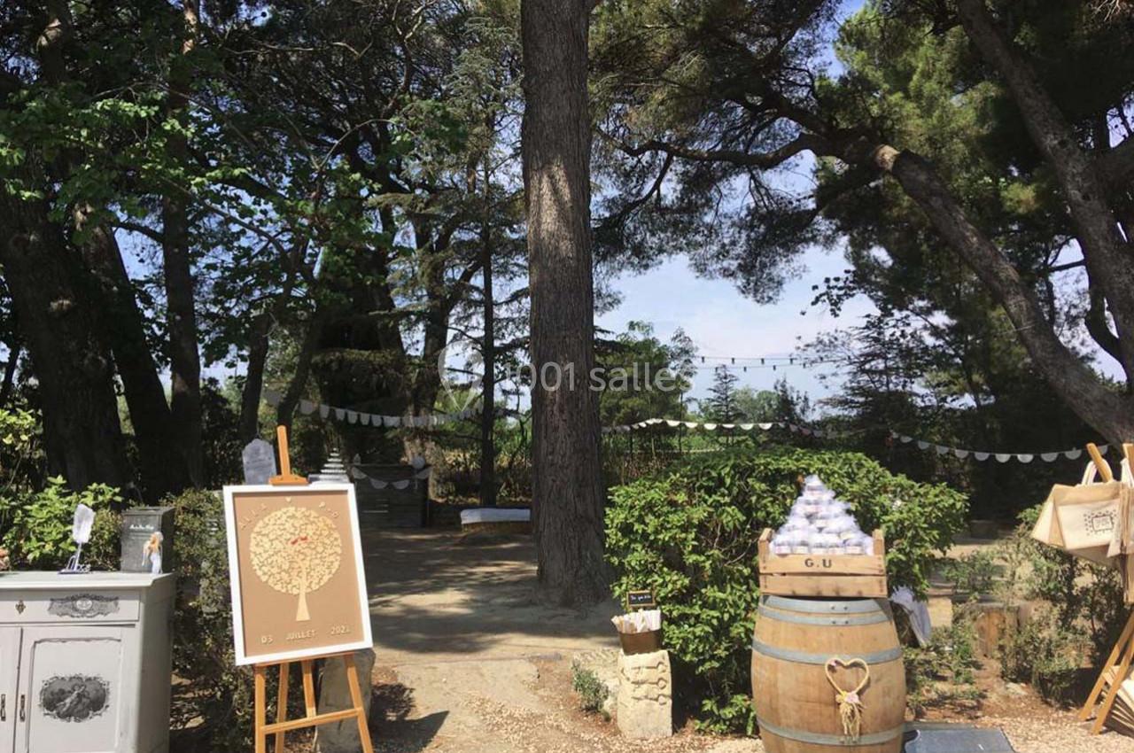Espace extérieur décoré pour un événement avec arbres, guirlandes, tonneau, tableau et mobilier vintage.