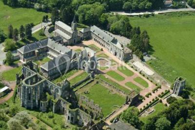 Ruines d'une abbaye gothique avec des arches et des fenêtres sans vitraux, entourées de végétation.