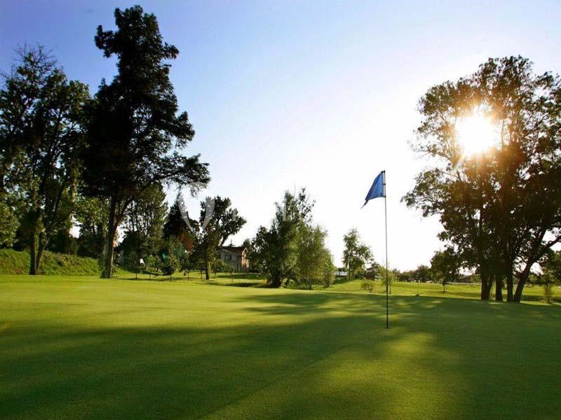 Vue d'un terrain de golf avec un drapeau bleu sur le green, entouré d'arbres sous un ciel ensoleillé.