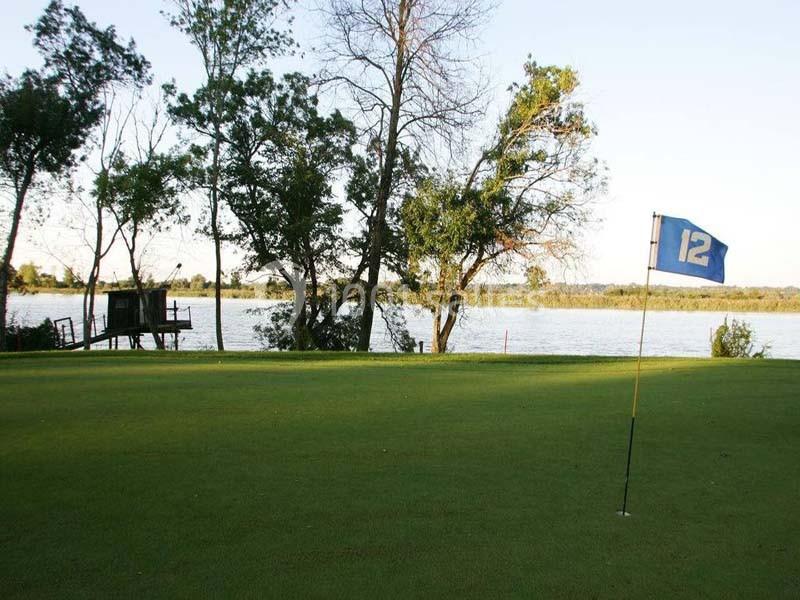 Drapeau numéro 12 sur un green de golf, avec des arbres et un plan d'eau en arrière-plan.