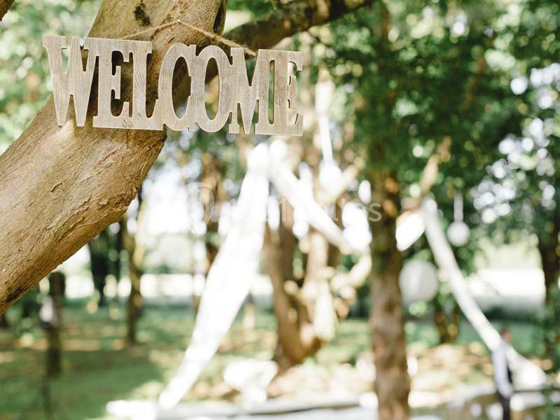 Pancarte ’Welcome’ suspendue à un arbre dans un jardin ensoleillé avec des décorations blanches en arrière-plan.