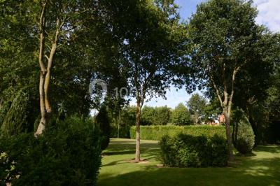 Vue aérienne d'un jardin arboré avec des allées herbeuses, entouré de champs et de quelques bâtiments résidentiels.