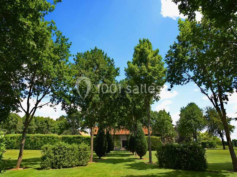 Un jardin verdoyant avec des arbres alignés, des buissons taillés et une maison en arrière-plan sous un ciel bleu.