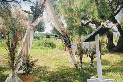 Chemin en gravier bordé de barrières en bois, entouré d'arbres et d'herbe sous un ciel dégagé.
