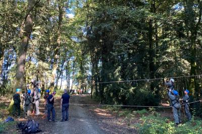 Cabane en bois perchée dans les arbres, entourée de forêt et bordée d'une prairie verdoyante.