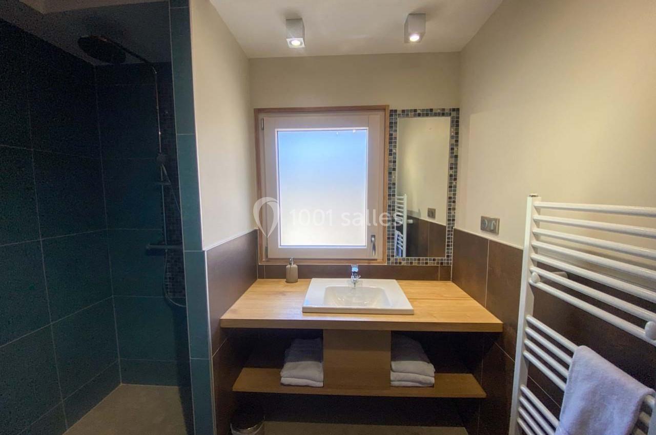 Salle de bain avec douche à l'italienne, lavabo sur meuble en bois, miroir encadré et sèche-serviettes mural.