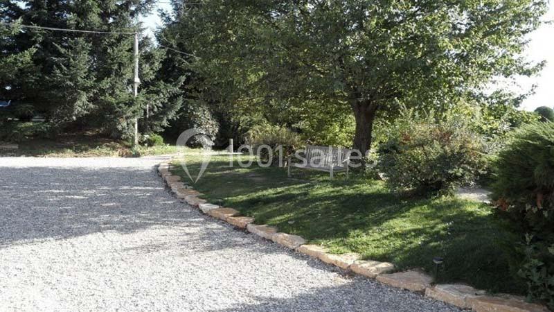 Allée gravillonnée bordée de pierres, avec un banc en bois sous un arbre et des arbustes environnants.