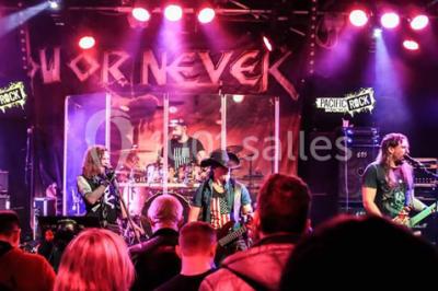 Salle de restaurant en bois avec tables dressées, chaises alignées et lumière naturelle entrant par de grandes fenêtres.