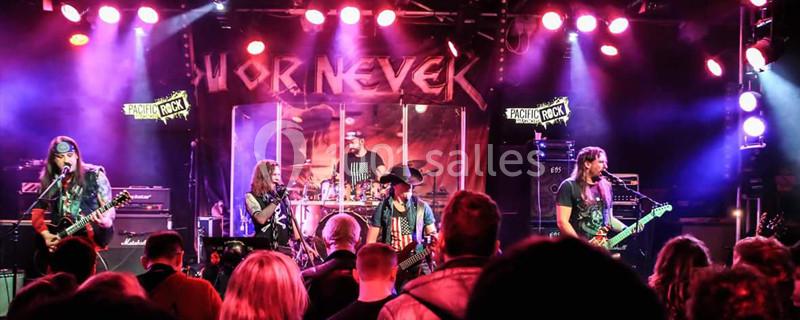 Un groupe de rock joue sur scène devant un public, éclairé par des lumières colorées.
