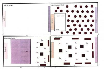 Plan d'aménagement d'une salle avec zones pour repas dansant, cocktails et espace scénique.