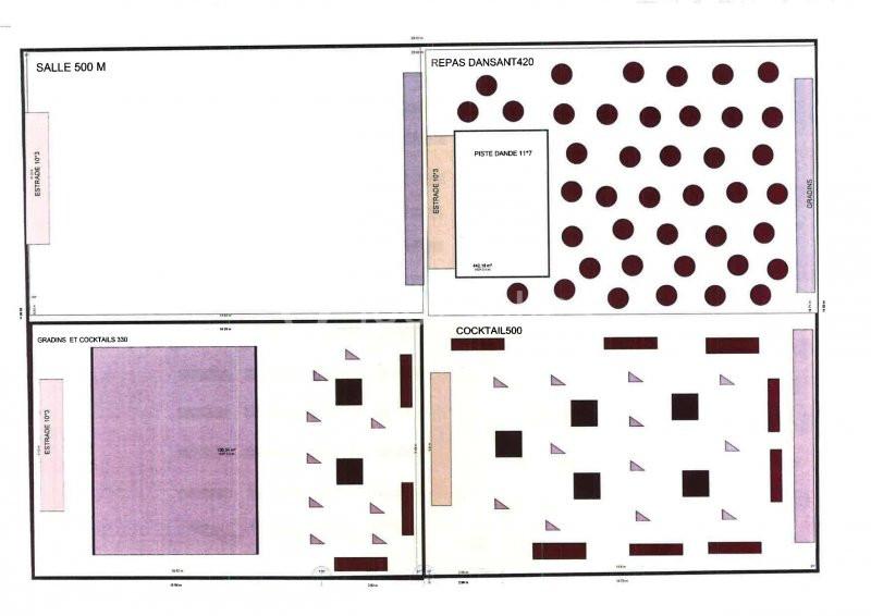 Plan d'aménagement d'une salle avec zones pour repas dansant, cocktails et espace scénique.