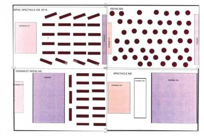 Plan d'aménagement d'une salle avec zones pour repas dansant, cocktails et espace scénique.