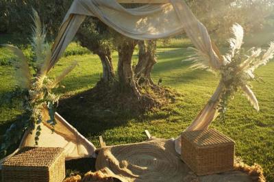 Vue aérienne d'une fête nocturne en extérieur avec éclairages violets, scène musicale et invités rassemblés.
