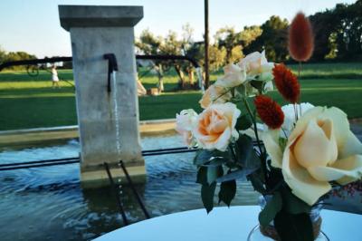 Vue aérienne d'une fête nocturne en extérieur avec éclairages violets, scène musicale et invités rassemblés.