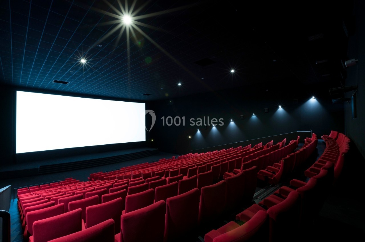 Salle de cinéma vide avec des rangées de fauteuils rouges et un grand écran blanc éclairé.