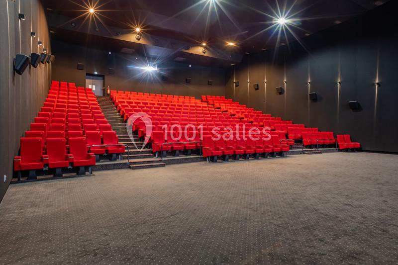 Salle de cinéma vide avec des rangées de sièges rouges, un sol en moquette et un éclairage tamisé.