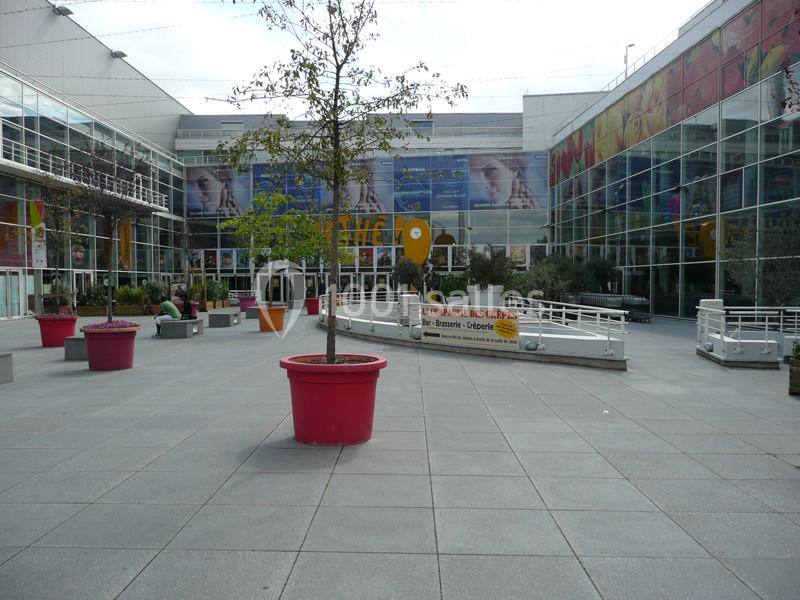 Cour extérieure d'un centre commercial avec des pots de fleurs colorés, des arbres et une façade vitrée en arrière-plan.