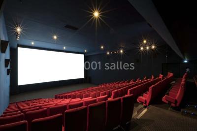 Salle de cinéma vide avec des rangées de sièges rouges et un écran allumé au fond.