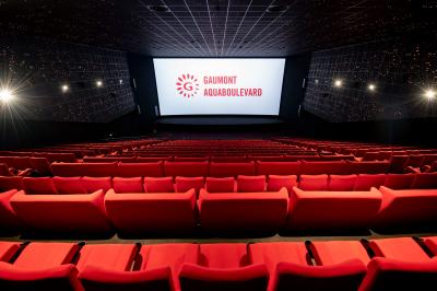Salle de cinéma vide avec des rangées de fauteuils rouges et un plafond décoré de lumières étoilées.