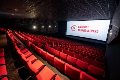 Salle de cinéma vide avec des rangées de fauteuils rouges et un plafond décoré de lumières étoilées.