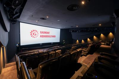 Salle de cinéma vide avec des rangées de fauteuils rouges et un plafond décoré de lumières étoilées.
