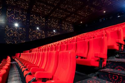 Salle de cinéma vide avec des rangées de fauteuils rouges et un plafond décoré de lumières étoilées.