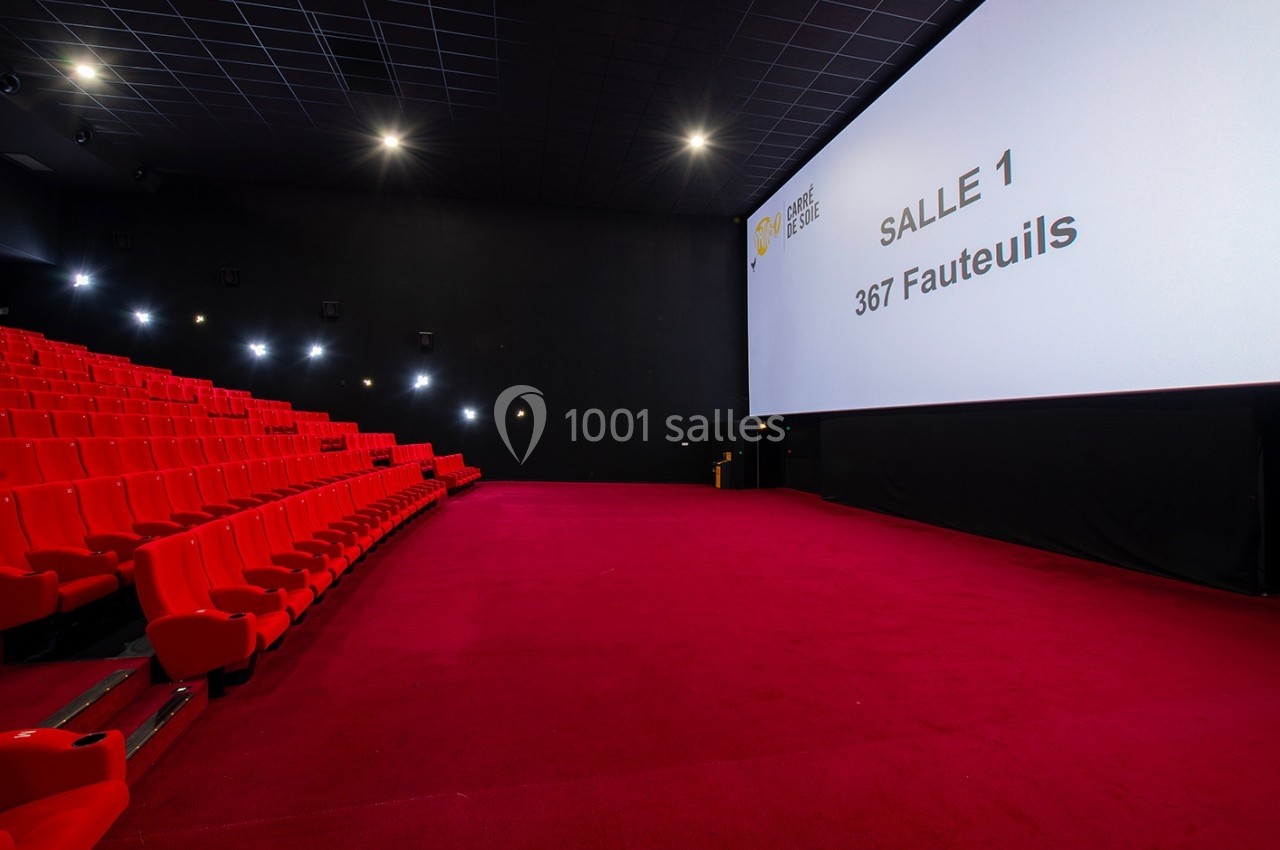 Salle de cinéma avec écran géant, rangées de fauteuils rouges et moquette assortie, éclairage tamisé.