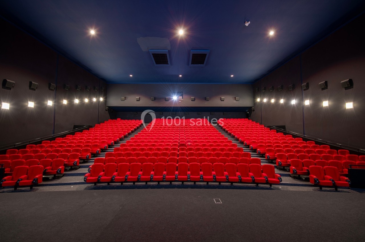Salle de cinéma vide avec des rangées de fauteuils rouges et un écran blanc en arrière-plan.