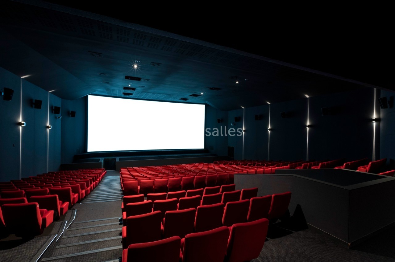 Salle de cinéma vide avec des rangées de sièges rouges et un grand écran blanc allumé à l'avant.
